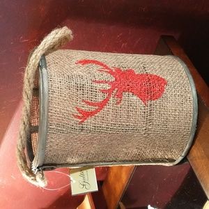 Galt International Burlap, Metal, Rope& Wood Container w/Stenciled Buck Head NWT